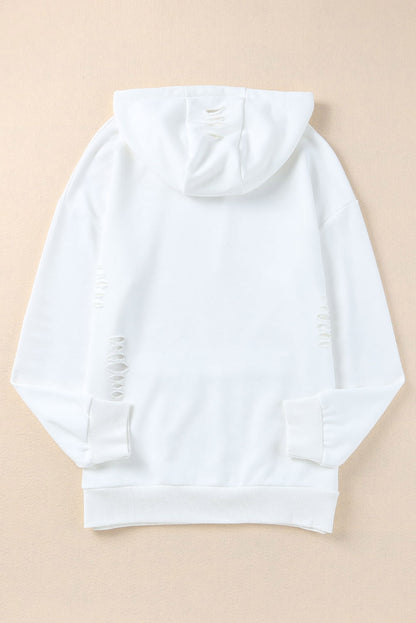 White Solid Ripped Hooded Sweatshirt with Kangaroo Pocket