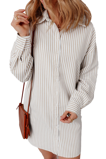 Khaki Stripe Long Sleeve Button Up Mini Shirt Dress