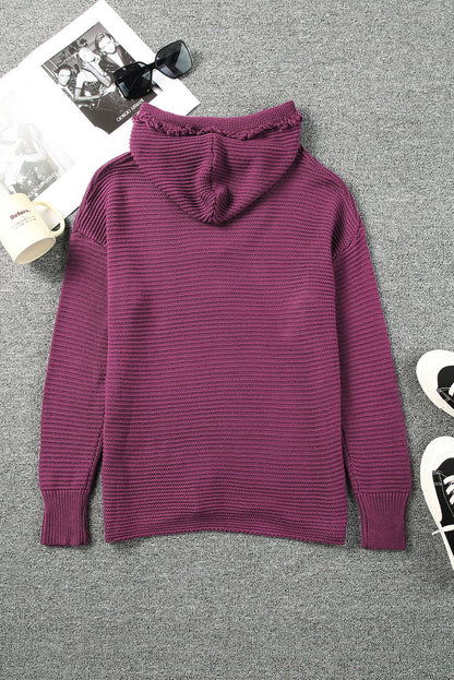 V Neck Ribbed Drop Shoulder Hooded Sweater