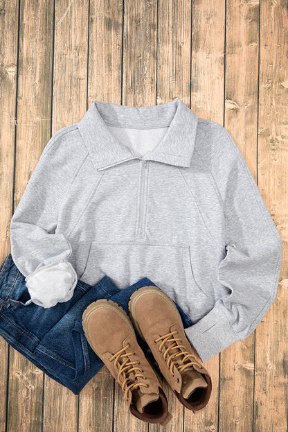 Light Grey Quarter Zip Stand Neck Kangaroo Pocket Sweatshirt