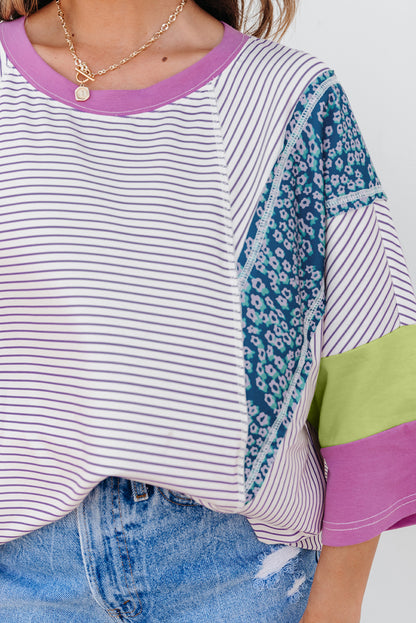 Purple Stripe Floral Color Block Raw Edge Patchwork Bracelet Sleeve Blouse