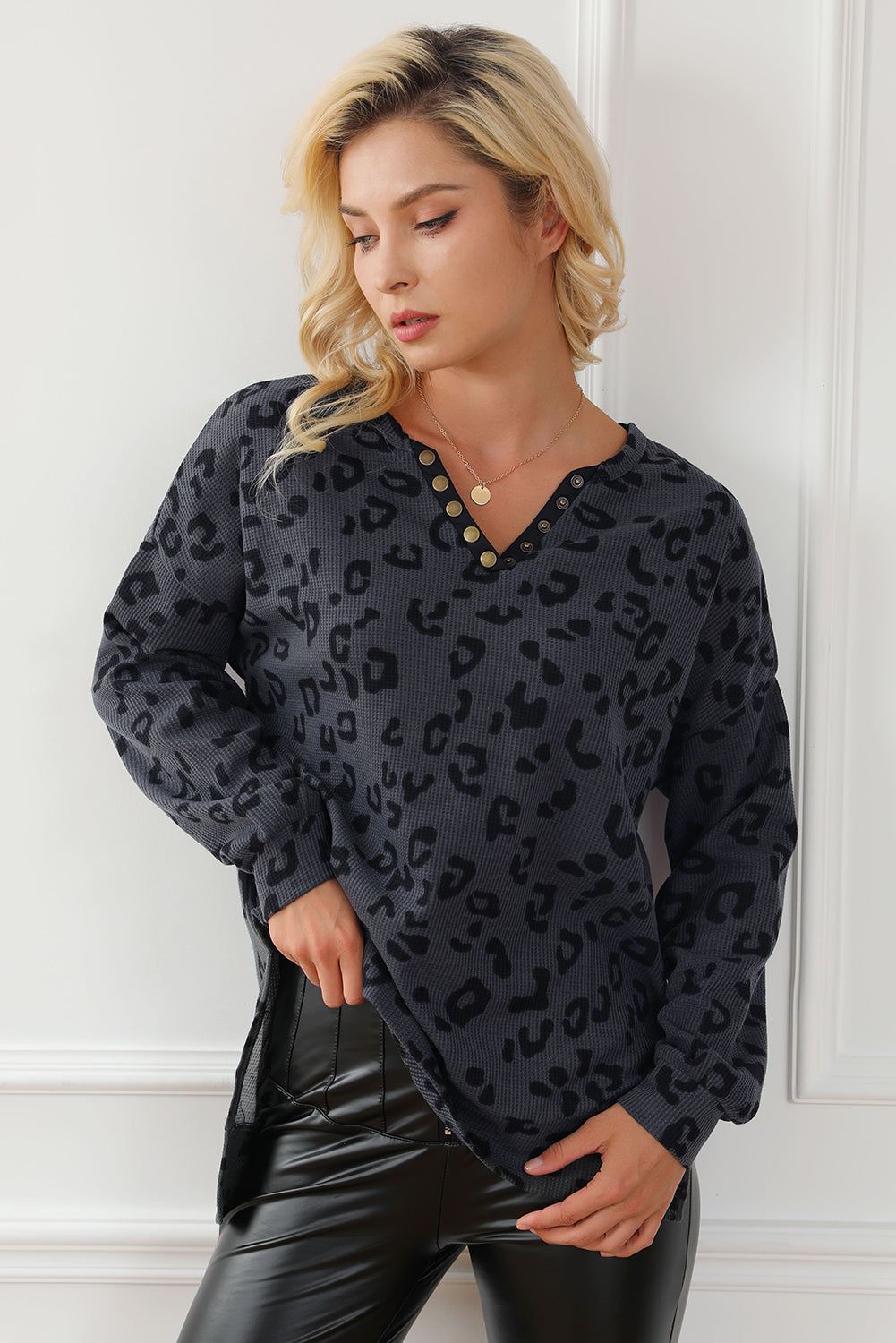 Gray Leopard Print Button Split Neck Waffle Sweatshirt