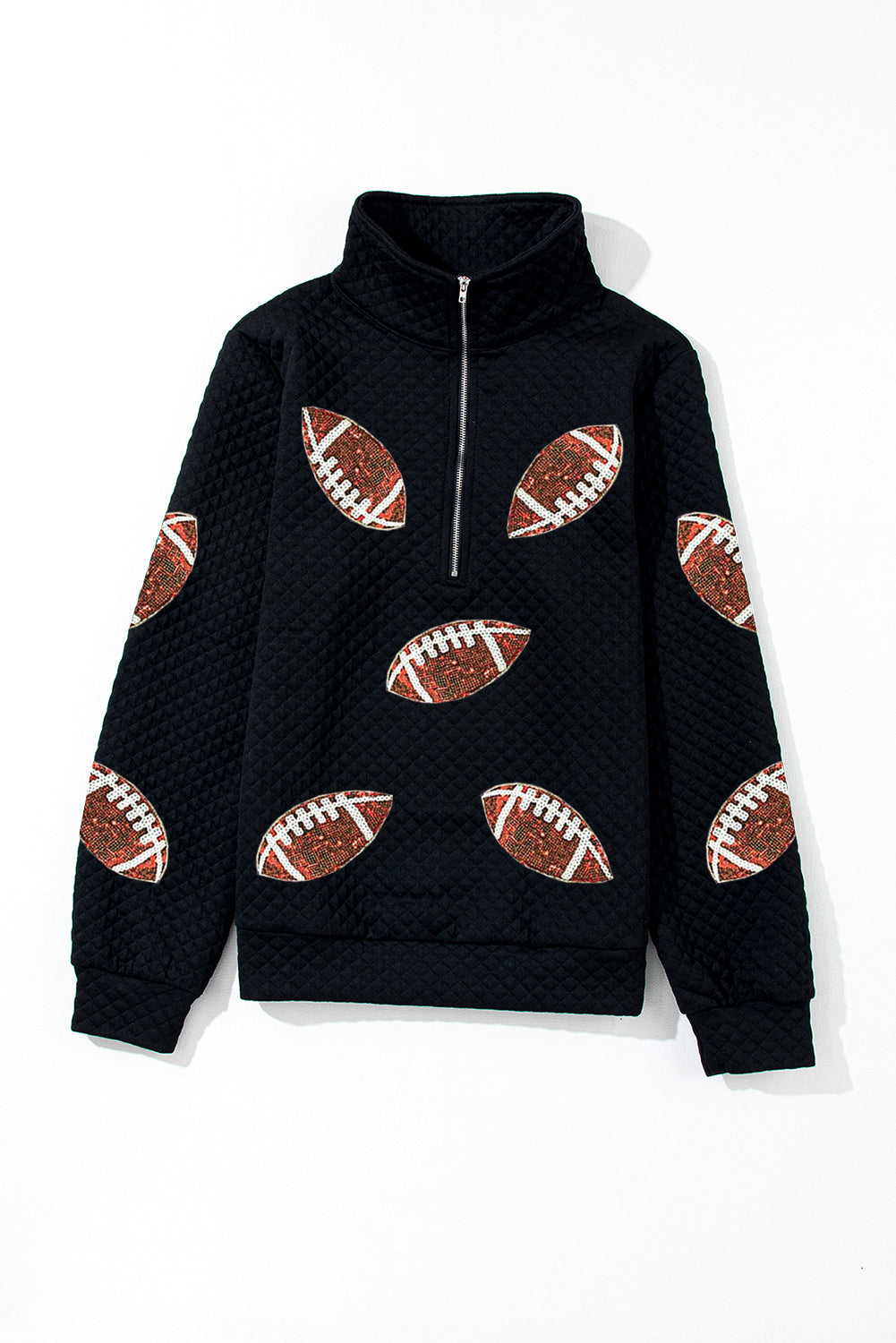 Black Sequin Rugby Football Patched Quarter Zip Textured Sweatshirt