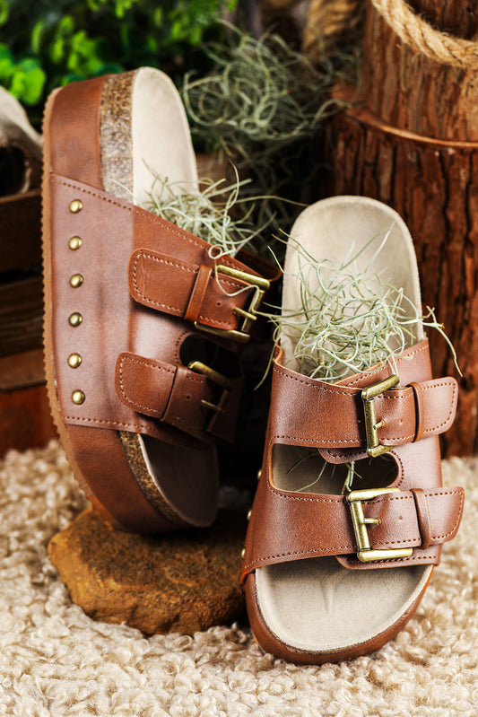 Chestnut Dual Buckle Studded Platform Sandal Slippers