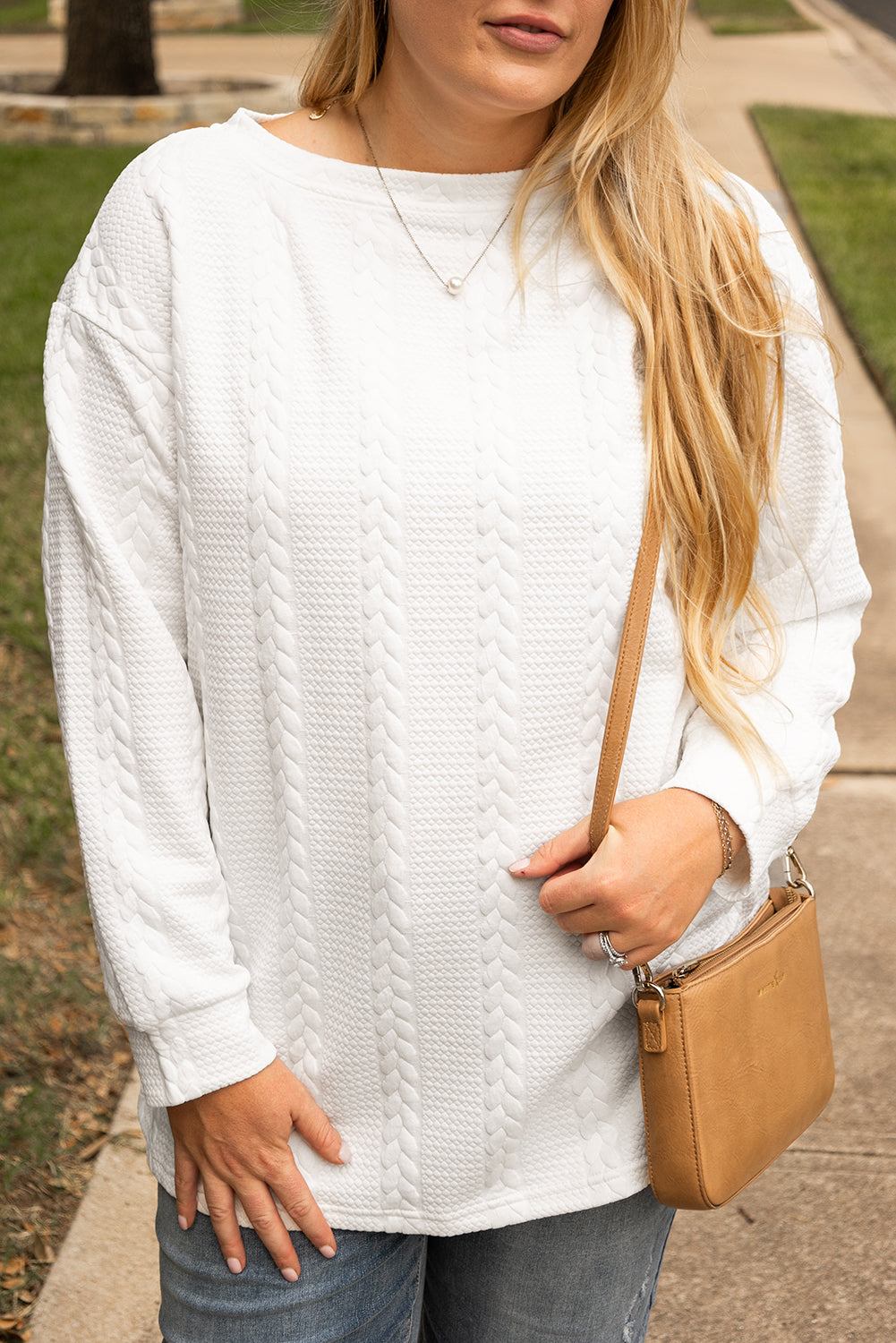 White Cable Textured Loose Plus Size Sweatshirt