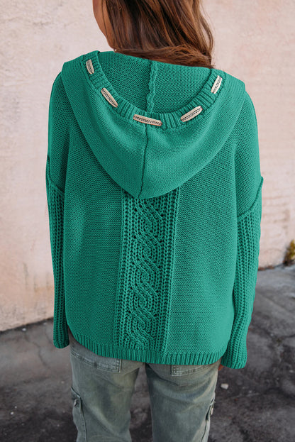 Sea Green Cable Knit V Neck Contrast Drawstring Hooded Sweater