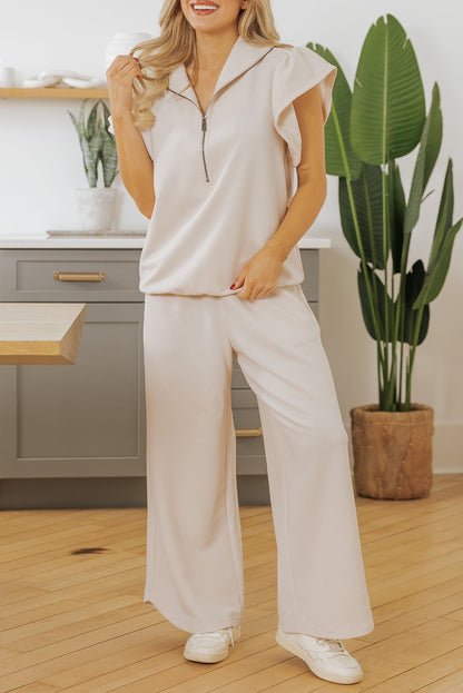 Apricot Textured Ruffled Sleeve Zipped Top and Wide Leg Pants Set