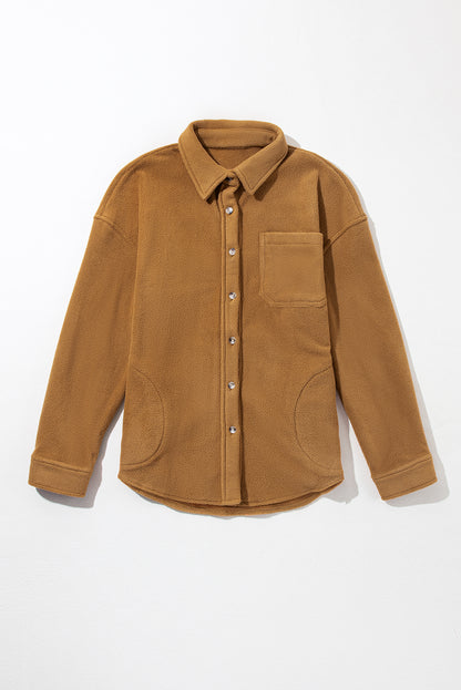 Camel Chest Pocket Button Up Fleece Shacket