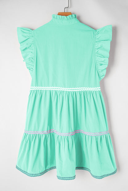 Mint Green Ric Rac Colorblock Flutter Sleeve V Neck Tiered Dress