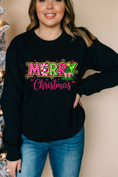 Black MERRY Christmas Playful Letter Print Drop Shoulder Sweatshirt
