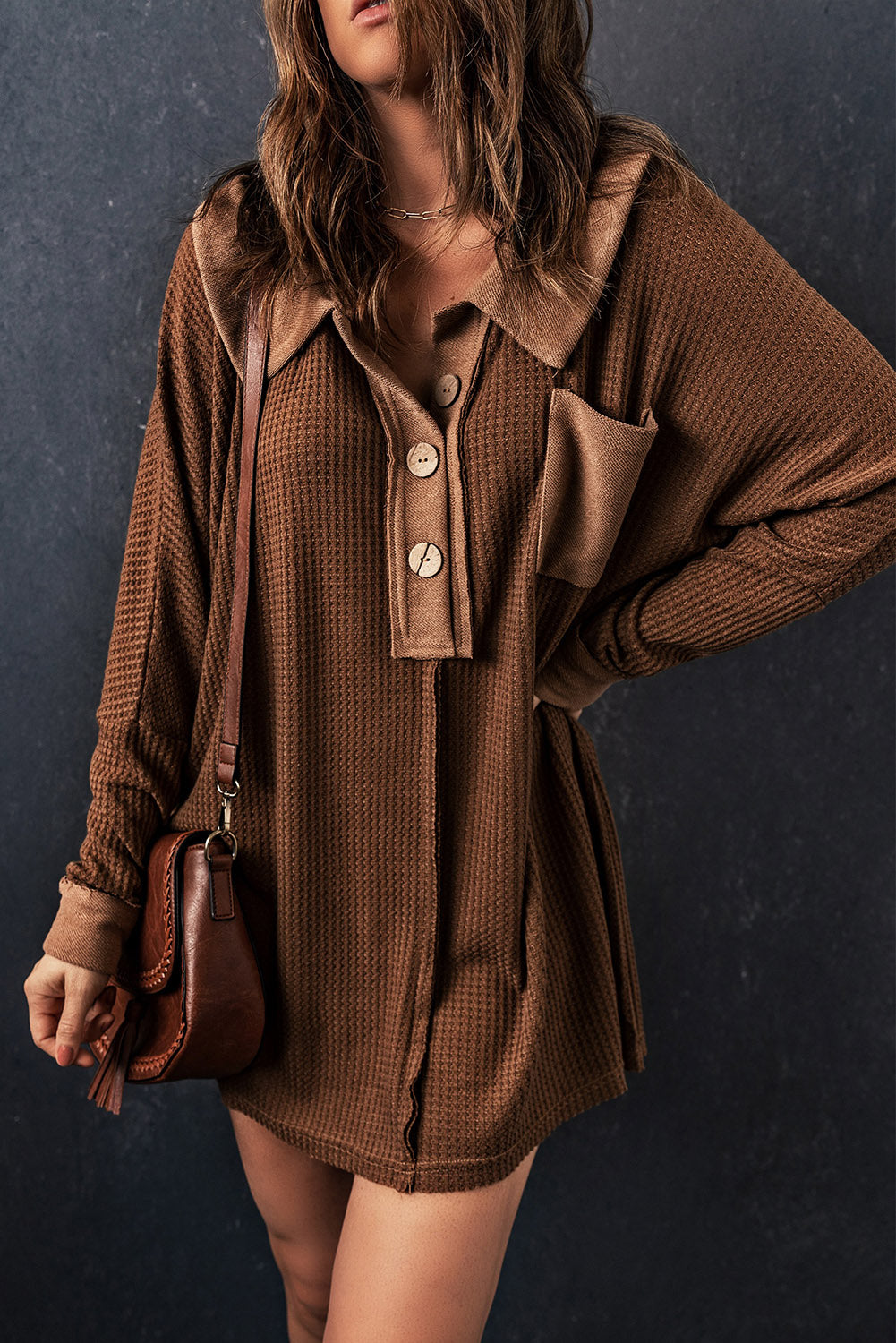 Brown Waffle Knit Buttoned Long Sleeve Top