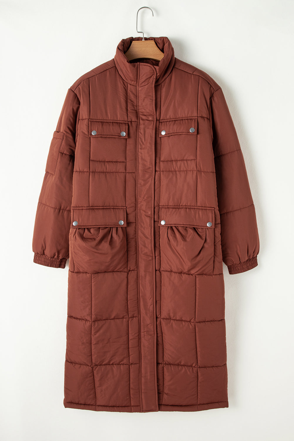 Coffee Quilted Puffer Stand Neck Zipped Mid-length Coat