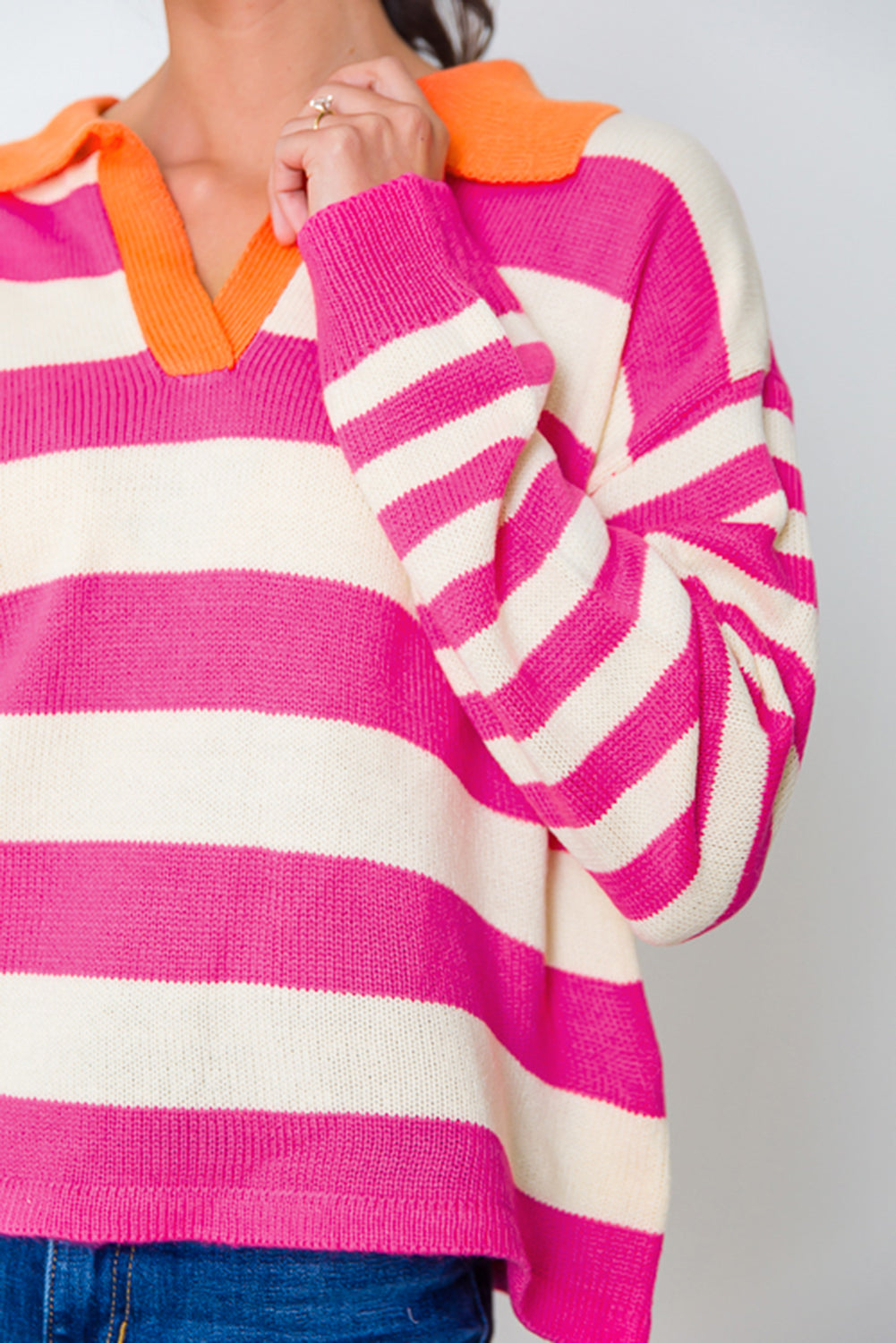 Rose Stripe Color Block Collared V Neck Drop Shoulder Sweater