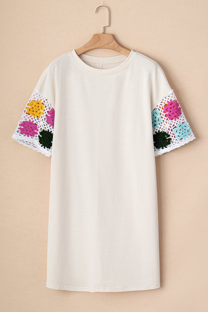 White Floral Crochet Splicing Sleeve T Shirt Dress