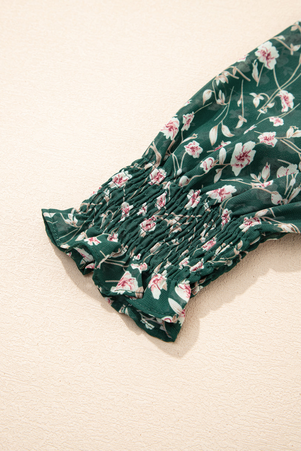 Green Smocked Square Neck Puff Short Sleeve Floral Mini Dress