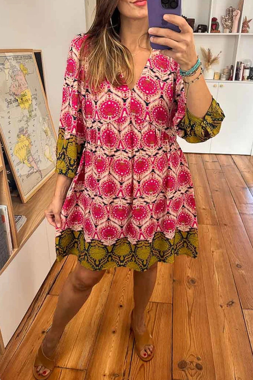 Strawberry Pink Retro Printed V Neck Bracelet Sleeve Dress