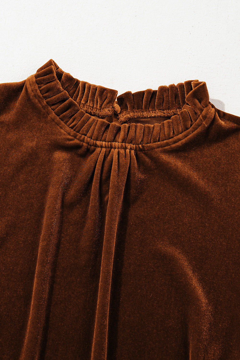 Chestnut Frilled Collar Puff Sleeve Velvet Top