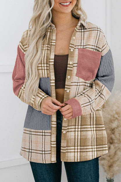 Pink Plaid Color Block Patchwork Shirt Jacket with Pocket