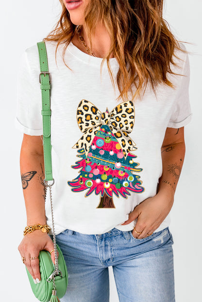 White Leopard Bow Décor Christmas Tree Graphic Crew Neck Tee