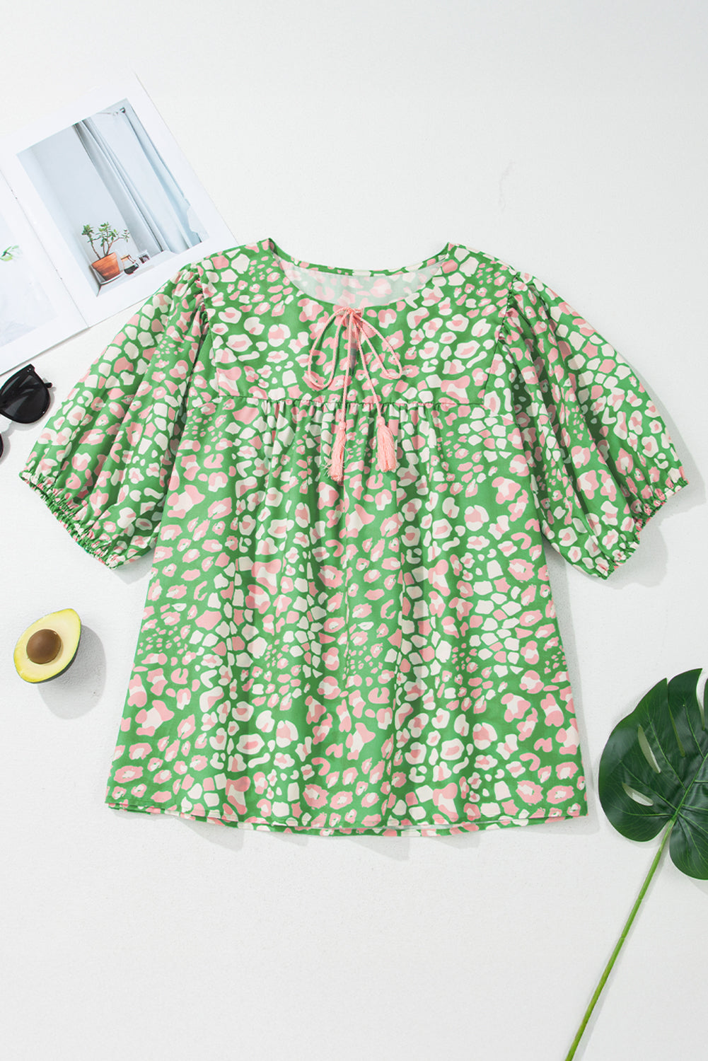 Cute Green Animal Print casual Blouse with Bow for summer front view