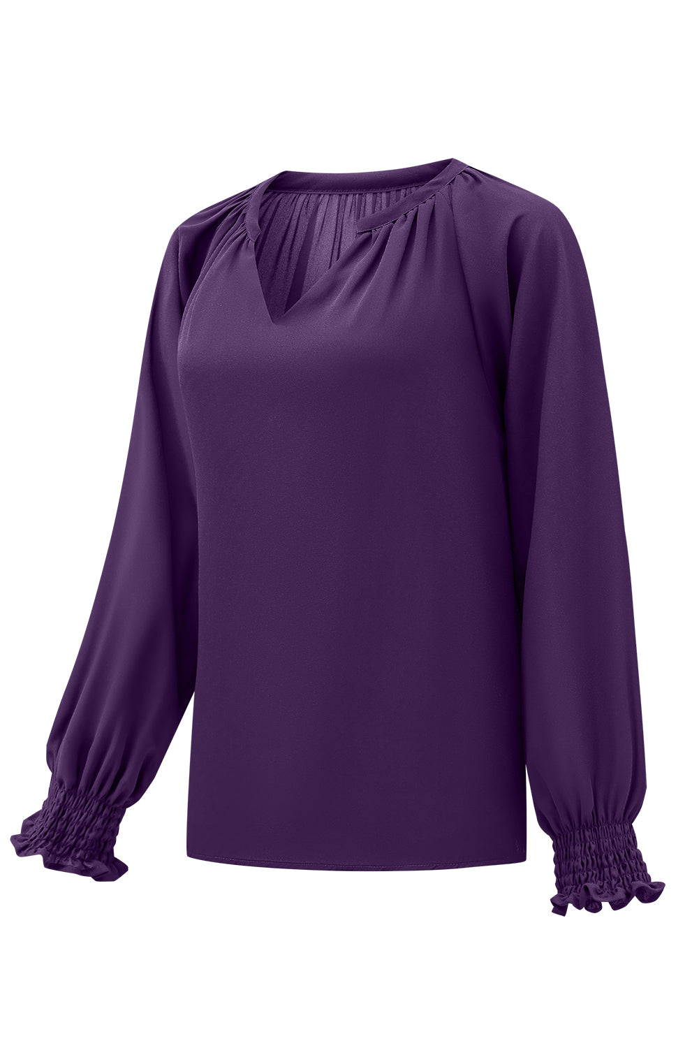 Purple Pleated V Neck Puffy Sleeve Blouse