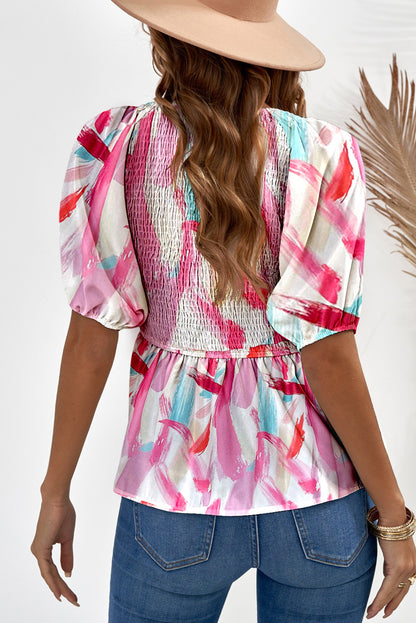 Pink Abstract Print Puff Sleeve Peplum Top