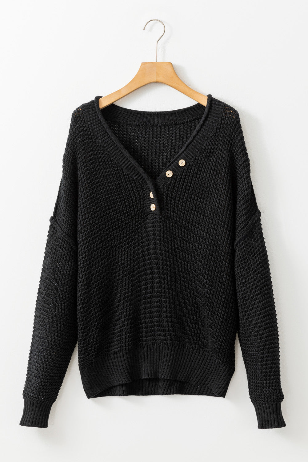 Black Pointelle Knit Button V Neck Drop Shoulder Sweater