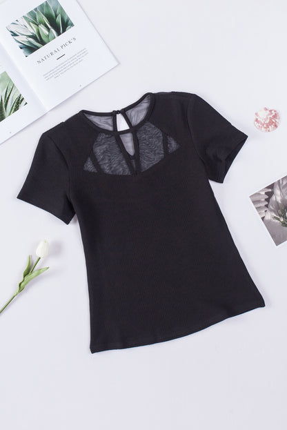 Black Contrast Mesh Knit Short Sleeve T-shirt