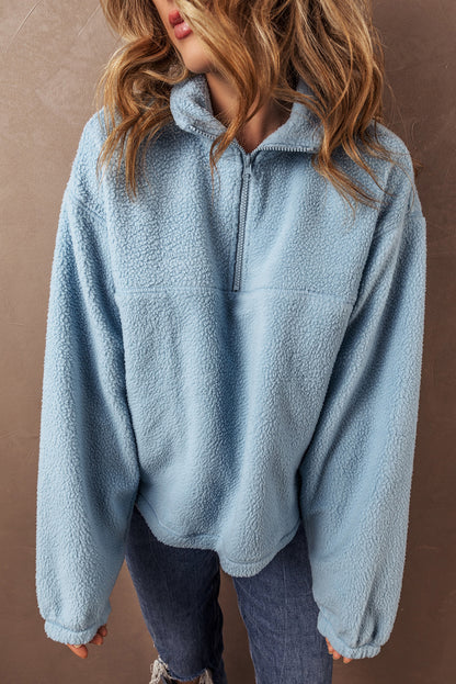 Myosotis Collared Zipper Drop Shoulder Fleece Sweatshirt