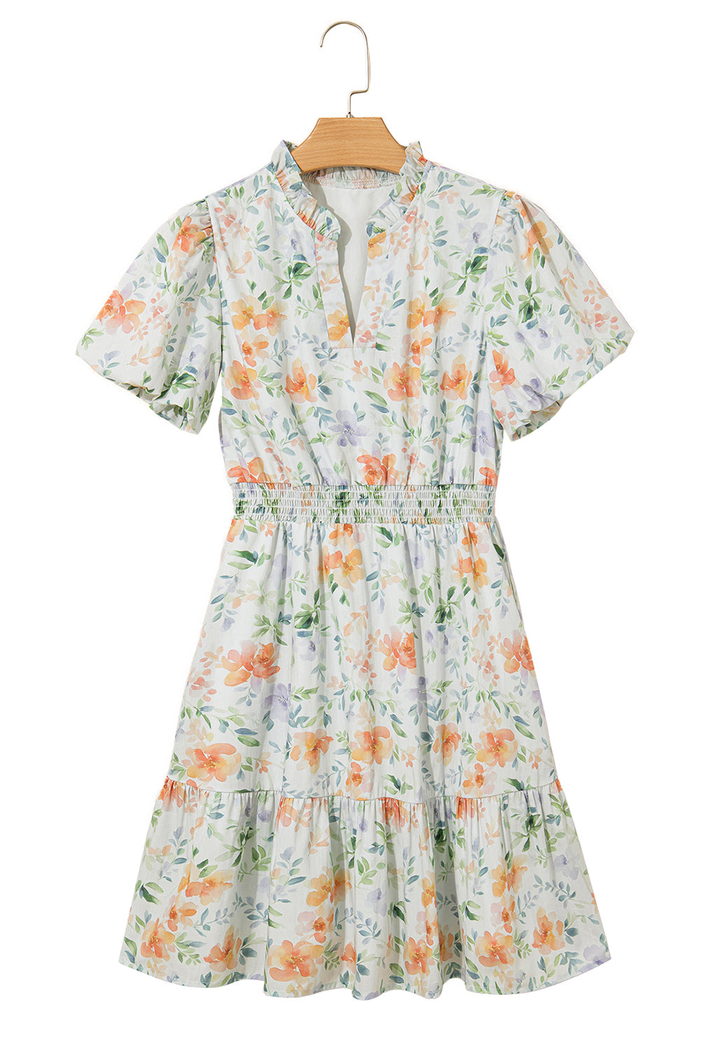 Beige Floral Print Shirred High Waist Puff Sleeve Mini Dress