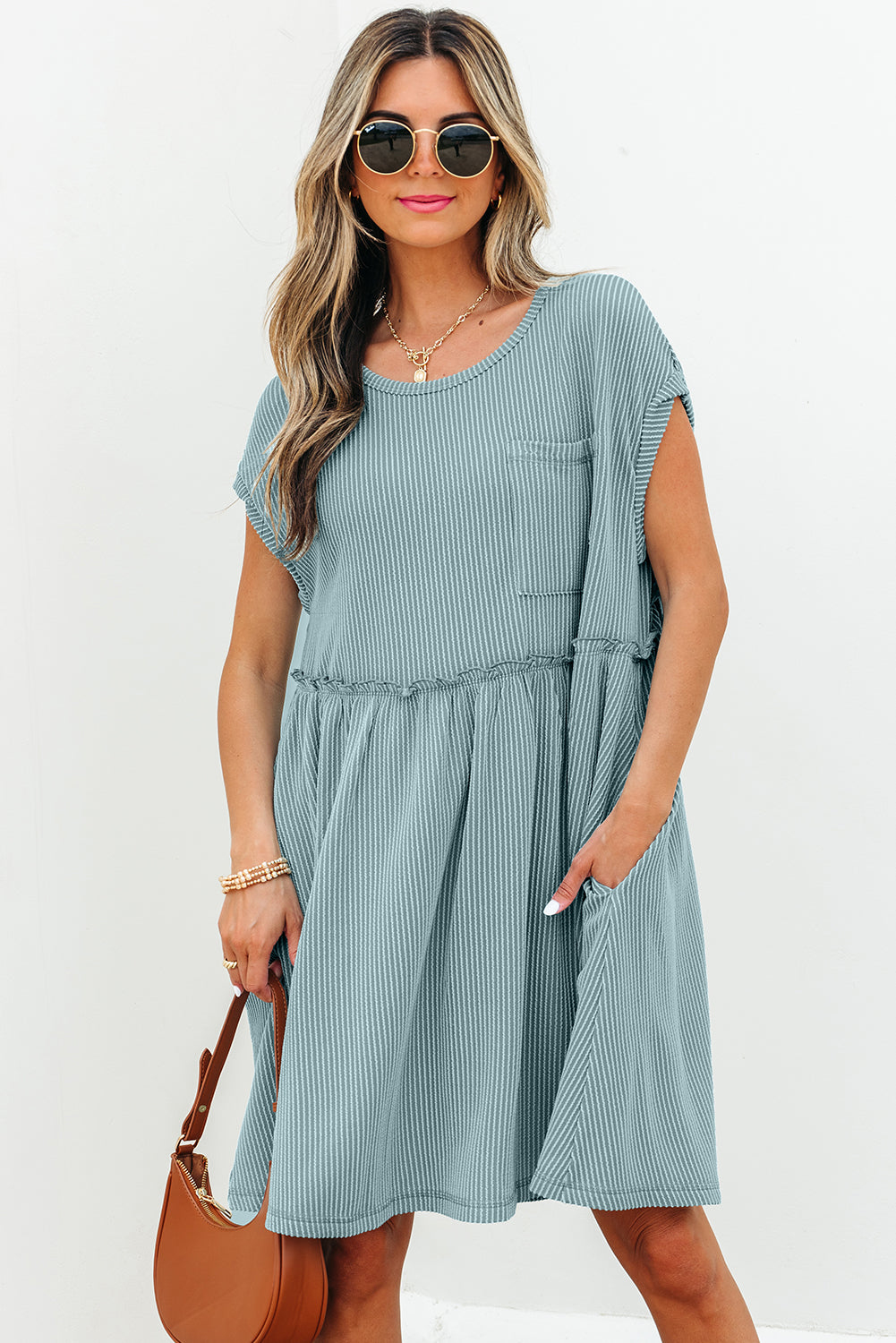 Canton Corded Knit Textured Patched Pocket Frilled Swing Mini Dress with Pockets