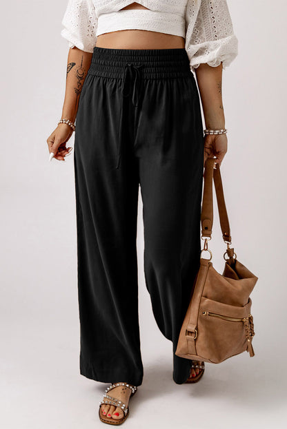 Black Drawstring Elastic Waist Casual Wide Leg Pants