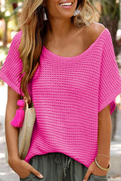 Pink Solid Loose Knit Short Dolman Sleeve Sweater