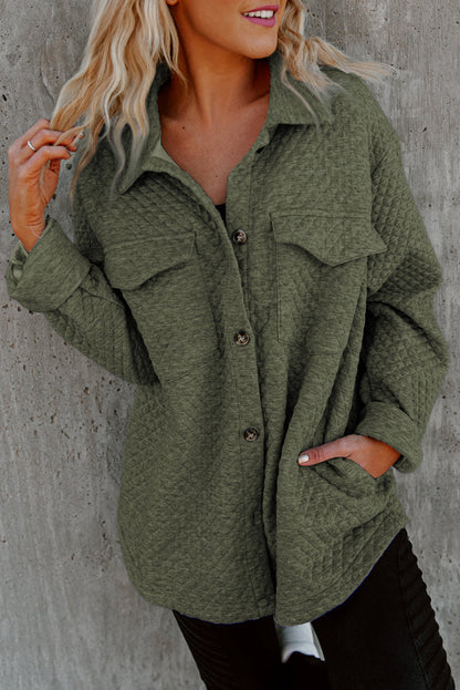 Green Retro Quilted Flap Pocket Button Shacket