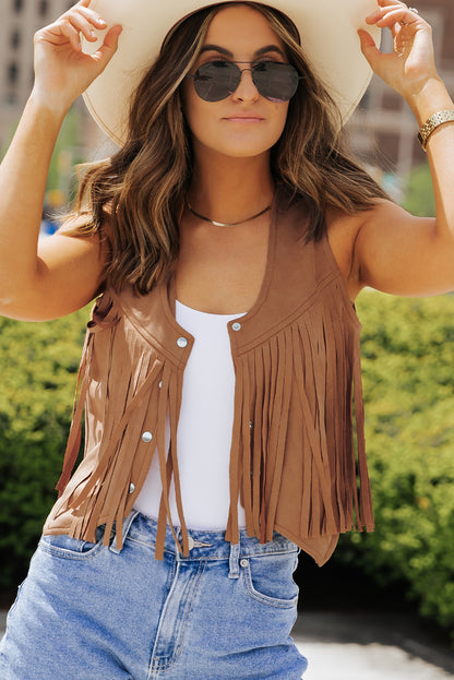 Camel Fringed Snap Button Front Suedette Vest