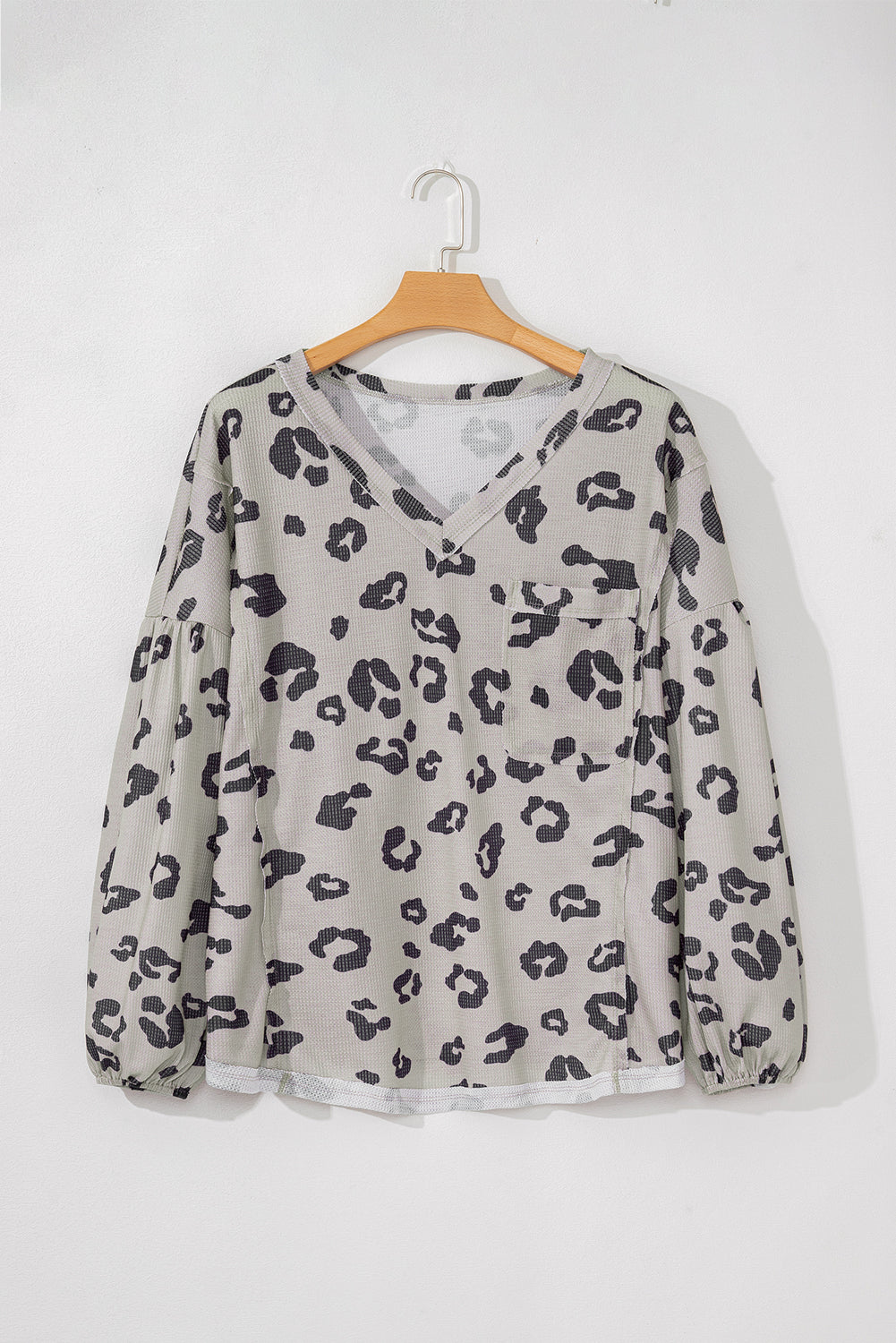 Gray Printed Leopard Balloon Sleeve Thermal Knit Plus Size Top