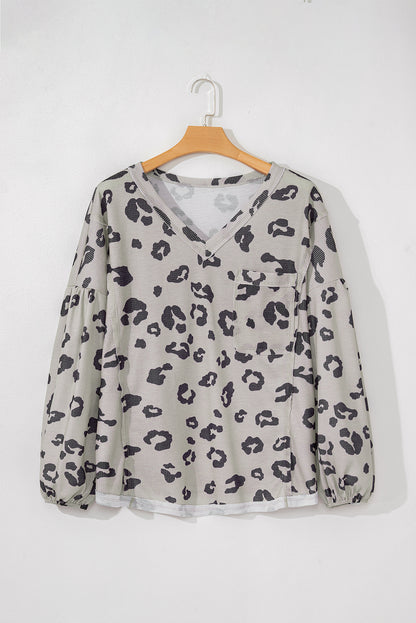 Gray Printed Leopard Balloon Sleeve Thermal Knit Plus Size Top