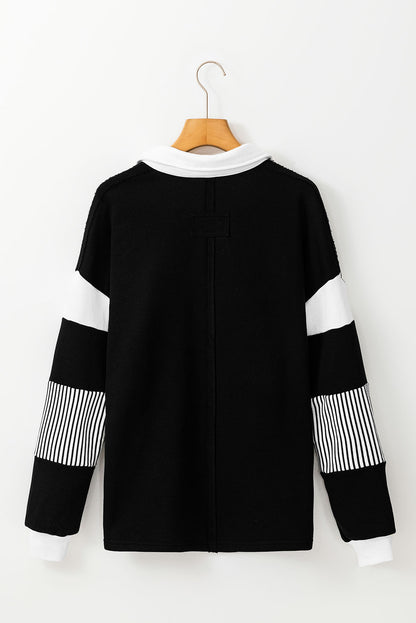 Black Striped Colorblock Patchwork Collar Sweatshirt