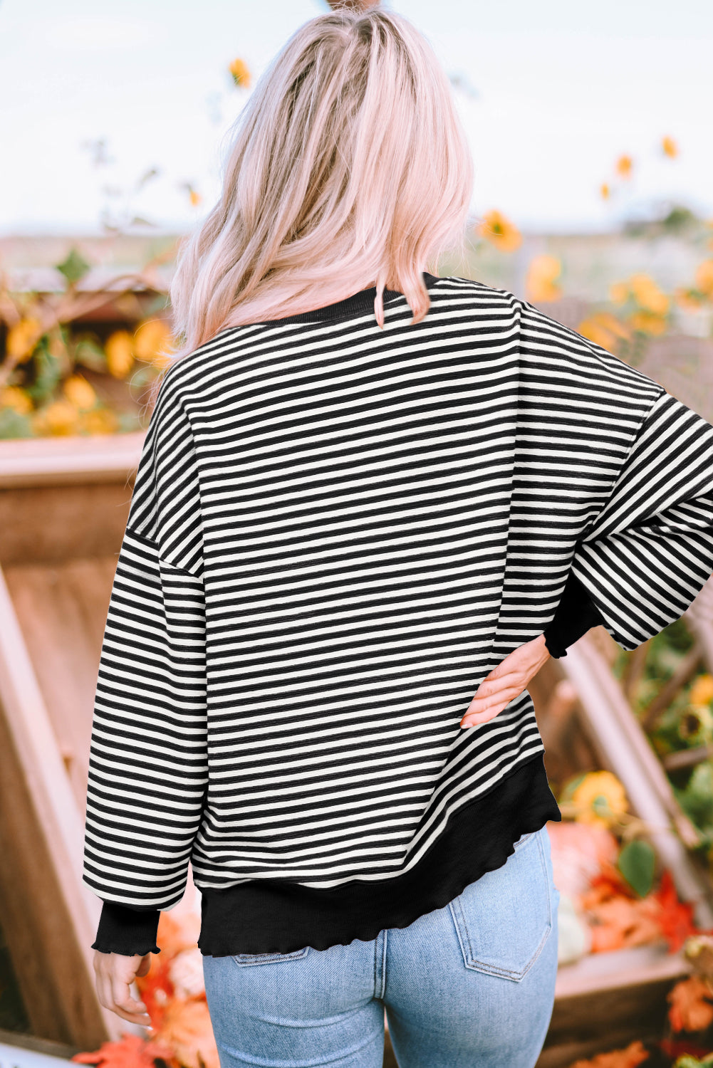 Black Stripe Loose Drop Shoulder Long Sleeve Top