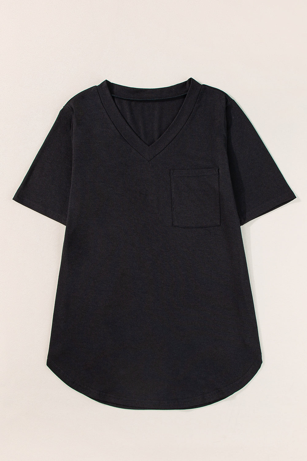 Black V Neck Pocketed Rounded Hem Tee