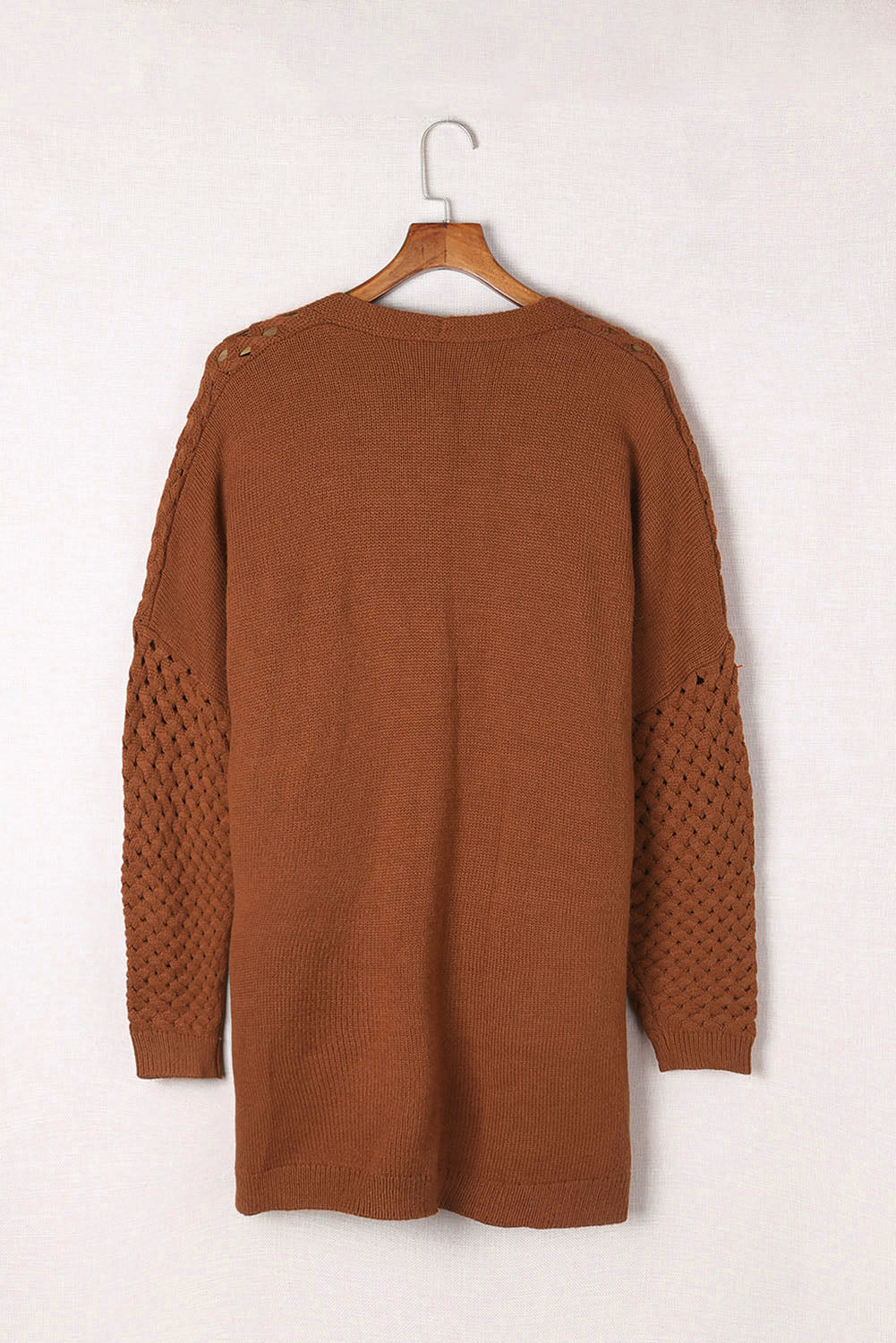 Brown Open Front Woven Texture Knitted Cardigan with Pockets