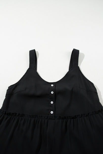 Black Button V Neck Frilly Tiered Sleeveless Dress