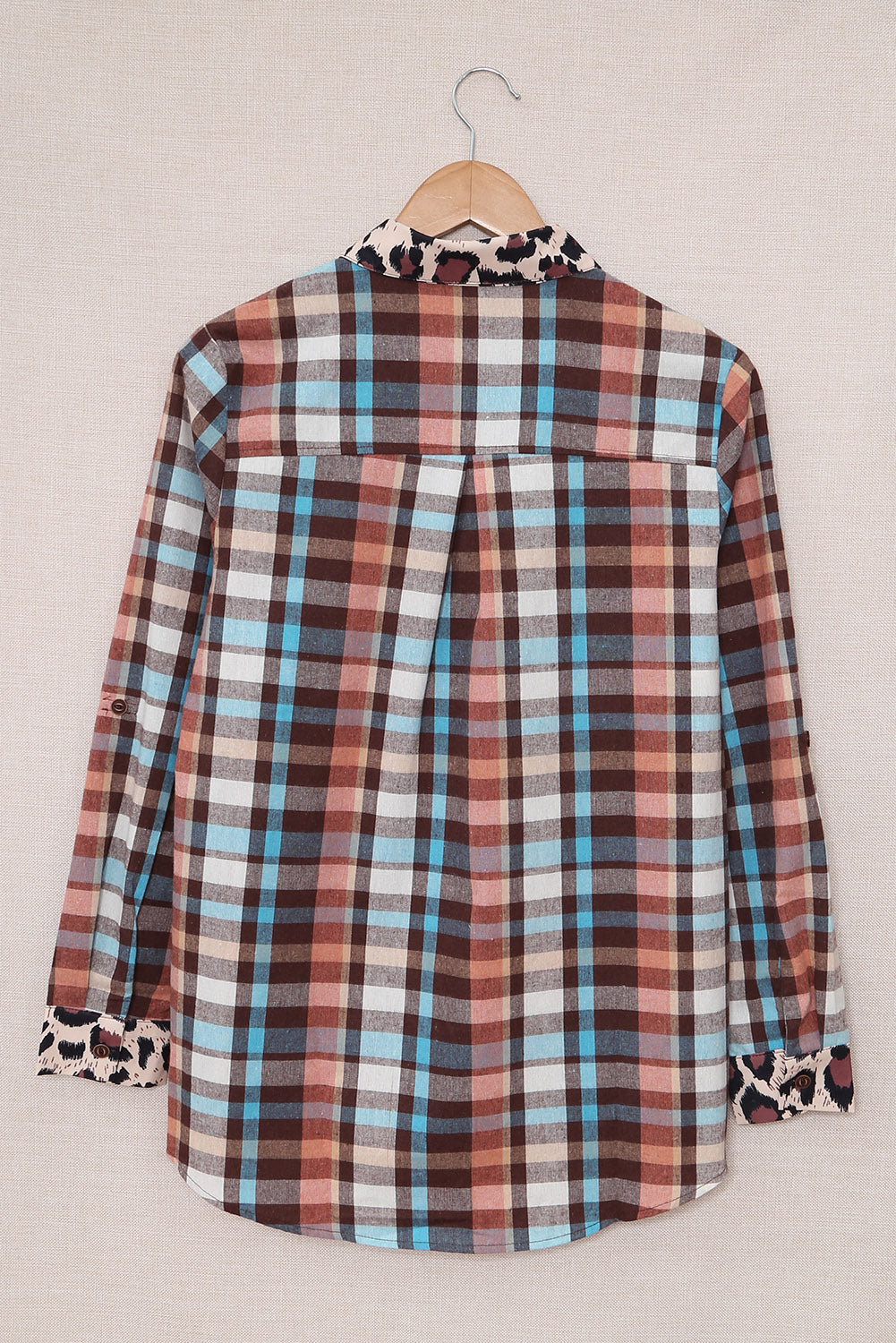 Multicolor Plaid Print Leopard Trim Shirt Jacket