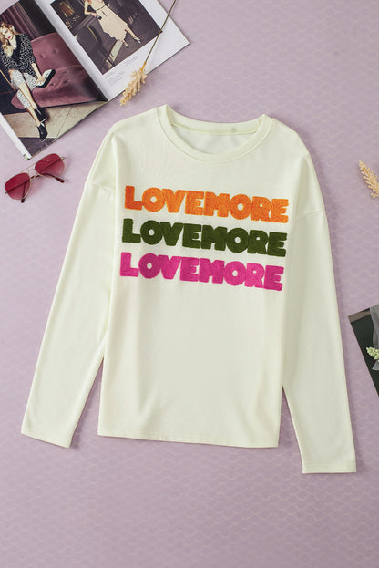 White LOVE MORE Chenille Graphic Long Sleeve Sweatshirt