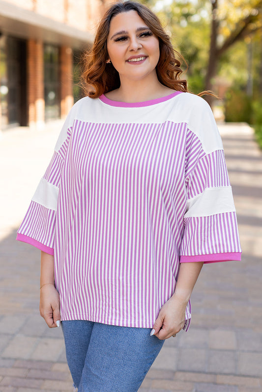 Pink Stripe Patchwork Bracelet Sleeve Plus Size T Shirt