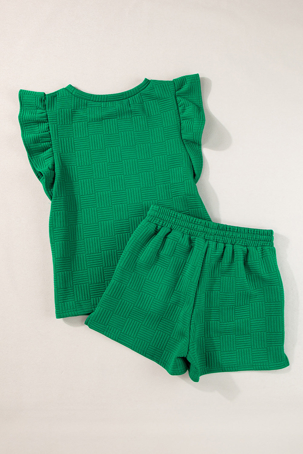 Bright Green Textured Ruffled Sleeve Tee and Drawstring Shorts Set