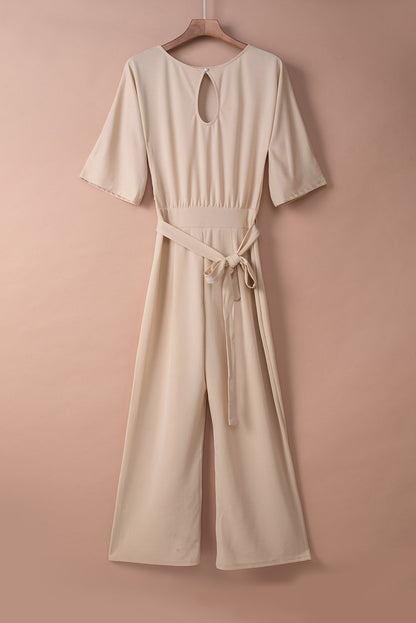 Apricot Bracelet Sleeve Waist Tie Wide Leg Jumpsuit