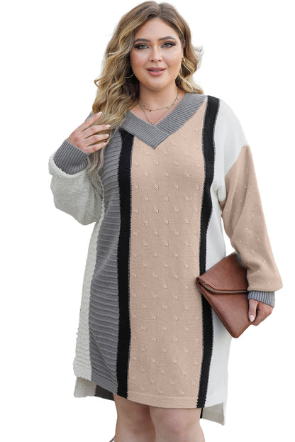 Apricot Mixed Boucl Color Block Plus Size Sweater Dress