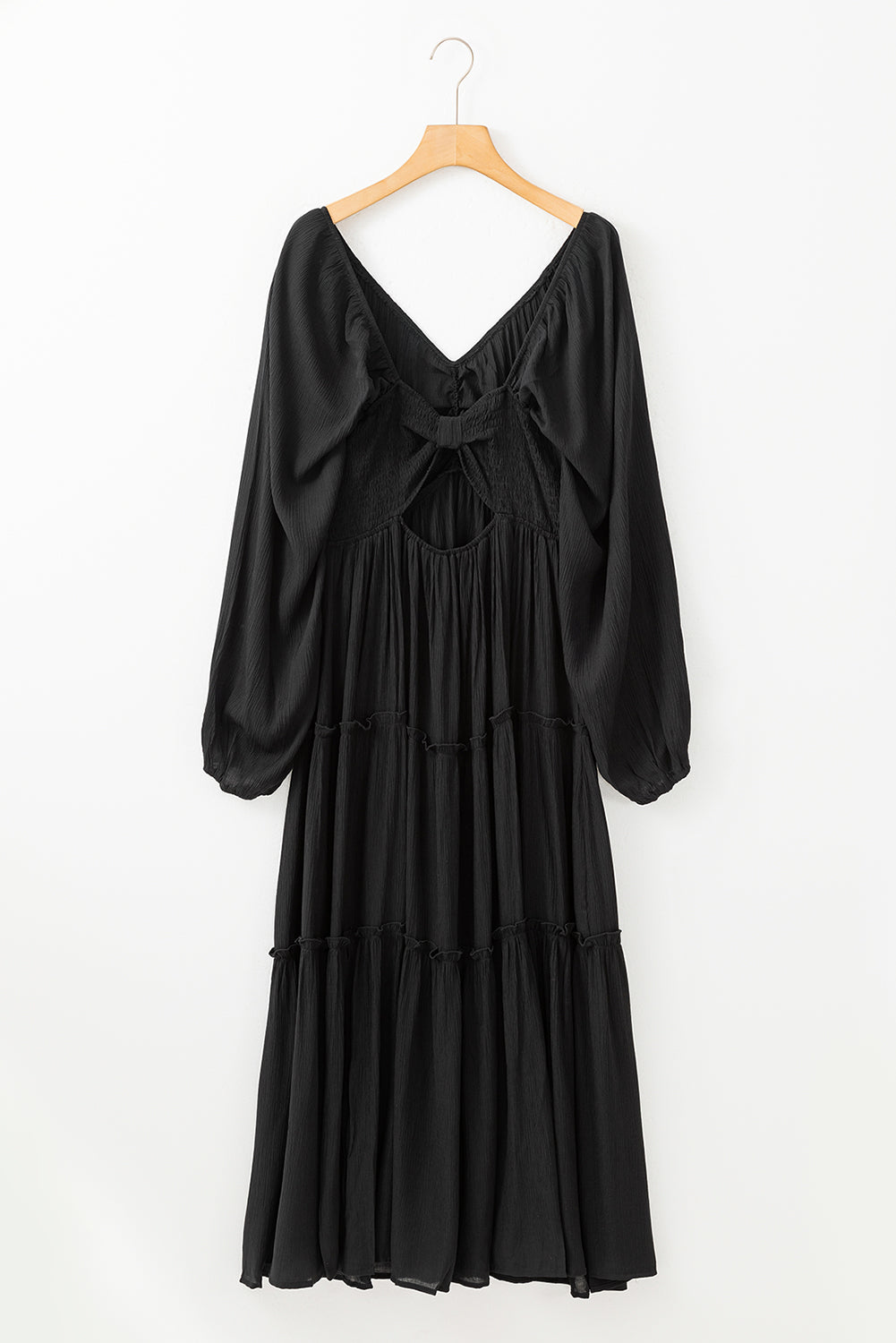 Black V Neck Bowknot Cutout Frill Tiered Maxi Dress