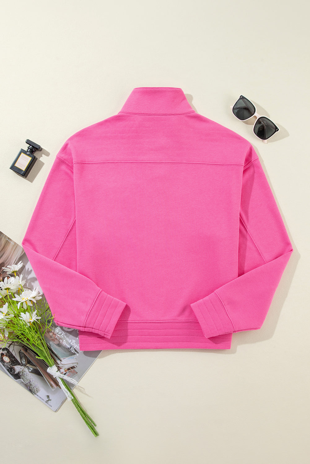 Bright Pink Vintage Mineral Wash Half Button Collared Sweatshirt